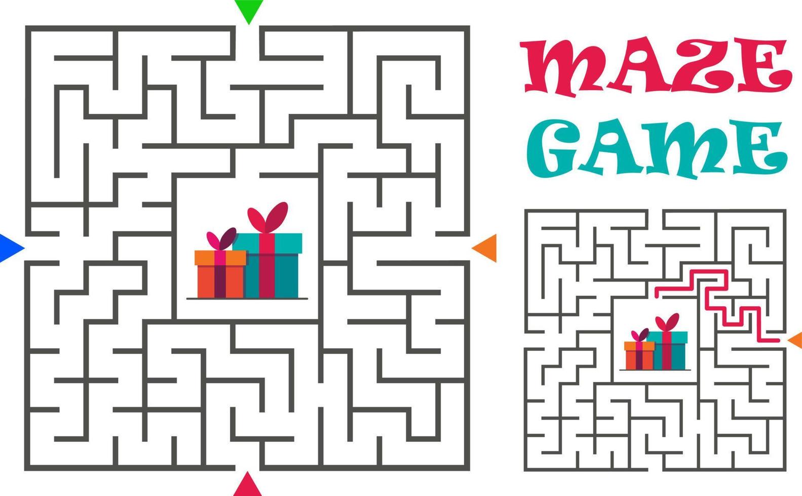 gioco labirinto quadrato per bambini. enigma logico. quattro ingressi e una giusta strada da percorrere. illustrazione piatta vettoriale isolata su sfondo bianco.