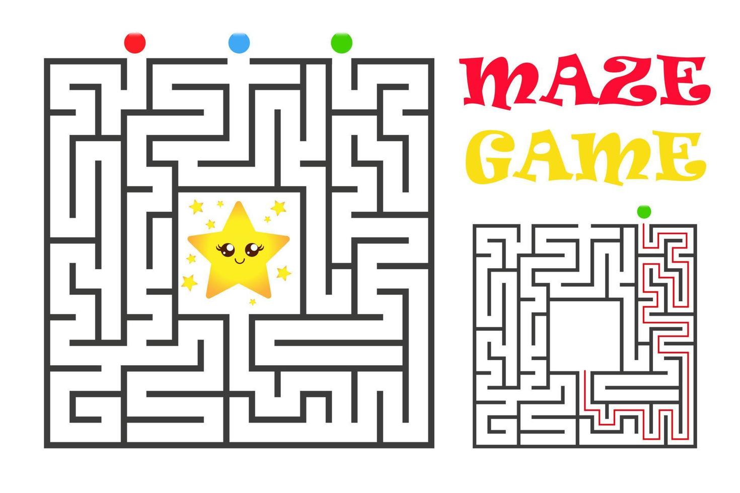 gioco labirinto quadrato per bambini. enigma logico con stella. quattro ingressi e una giusta strada da percorrere. illustrazione piatta vettoriale isolata su sfondo bianco.