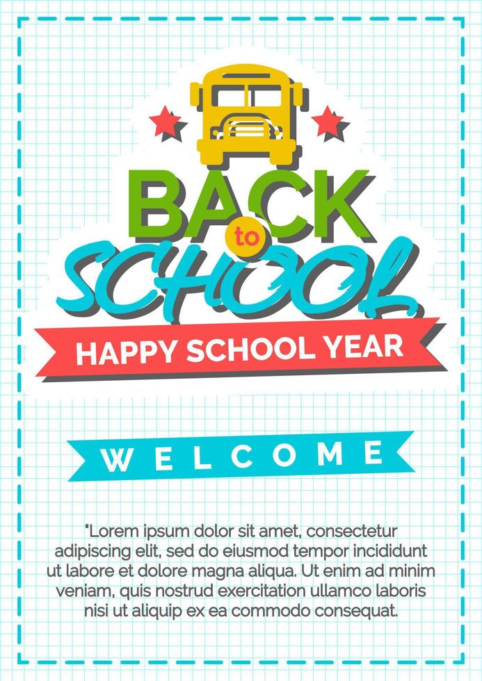 carta di ritorno a scuola con etichetta colorata composta da autobus e segno felice anno scolastico su nastro rosso vettore