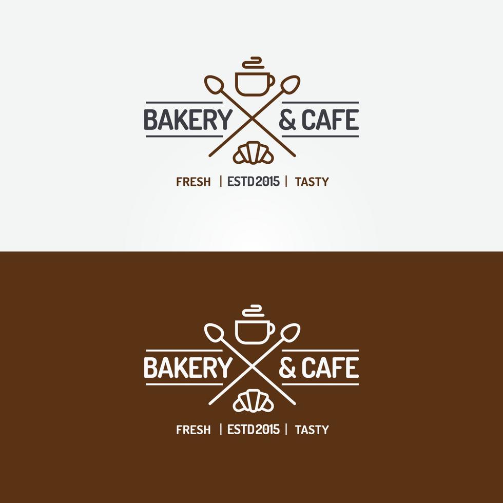 logo panetteria e caffetteria con croissant, tazza di tè e cucchiai per caffetteria, azienda di cupcake vettore