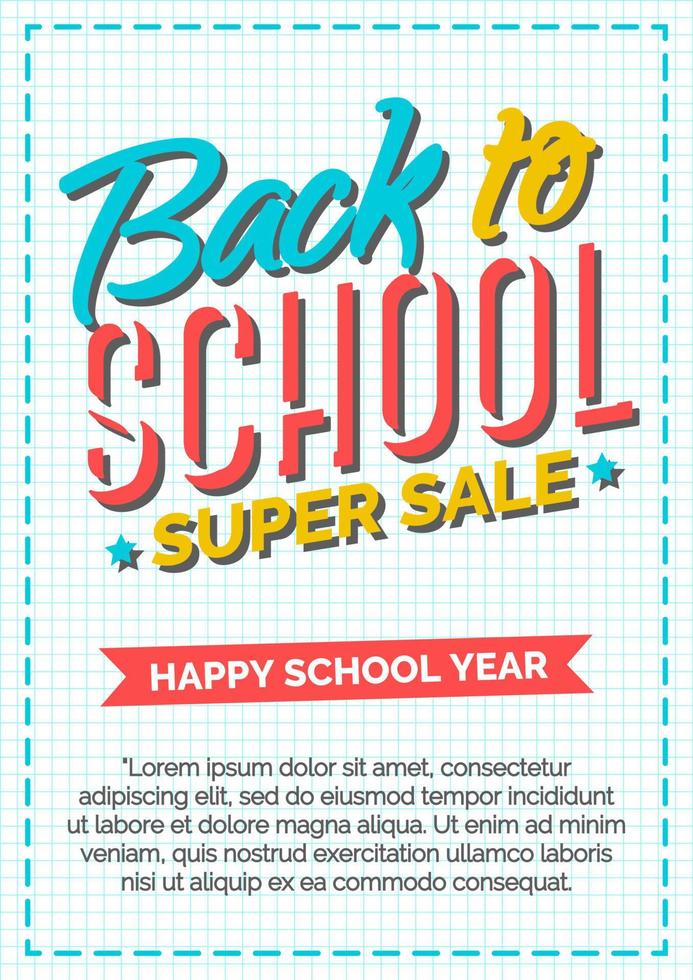 carta di ritorno a scuola con etichetta colorata composta da segno super vendita e felice anno scolastico su nastro rosso vettore