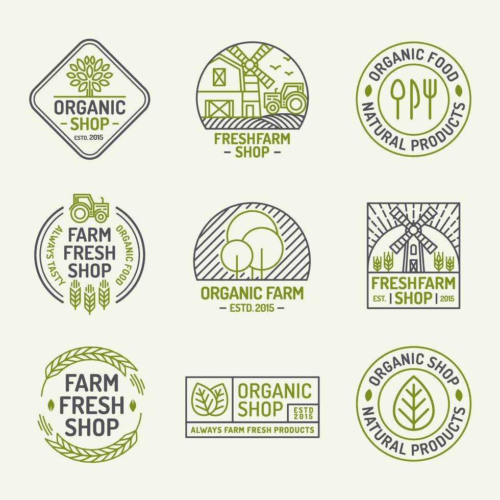 negozio biologico e logo fresco fattoria impostano lo stile della linea colore per l'azienda di prodotti naturali vettore