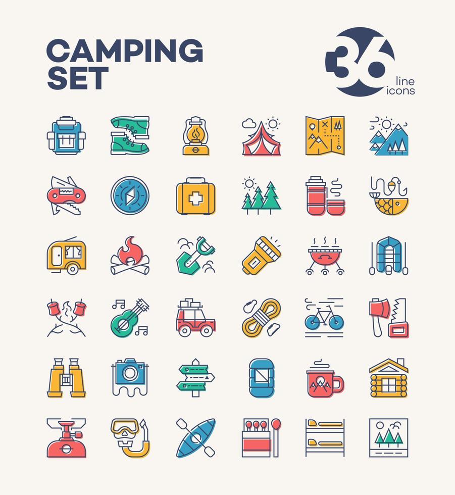 le icone del campeggio e dell'escursionismo impostano lo stile del colore composto da attrezzature da campeggio e da viaggio per esplorare l'emblema vettore