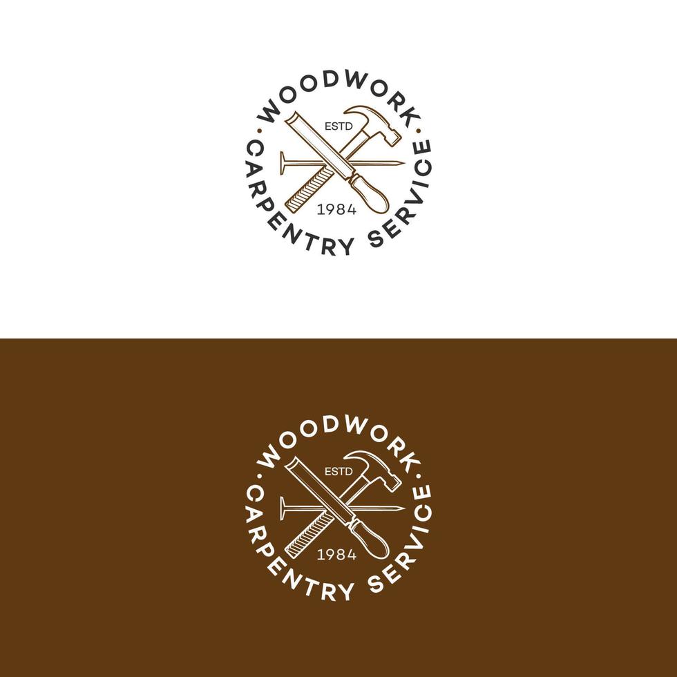 set di logo in legno con martello e chiodo isolato su sfondo per servizio di falegnameria vettore