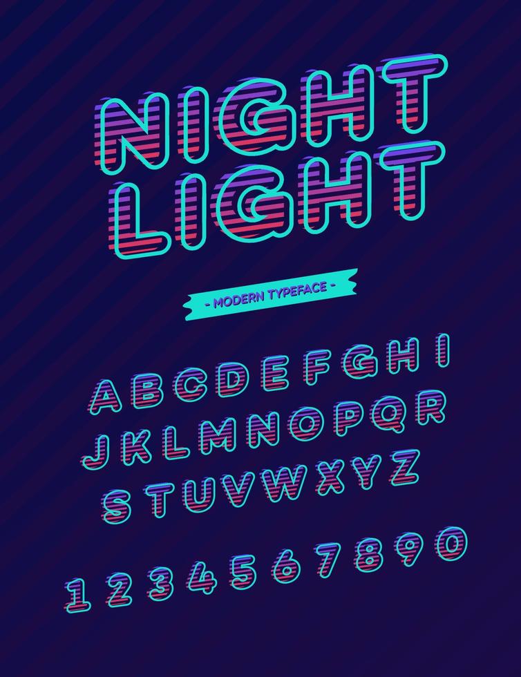 tipografia moderna del carattere della luce notturna di vettore. alfabeto per promozione, banner, poster per feste vettore