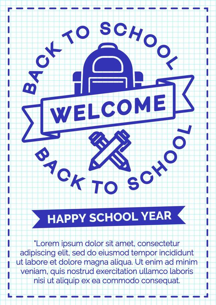 biglietto di ritorno a scuola con etichetta colore ciano composto da zaino scuola, penna, matita e cartello di benvenuto vettore