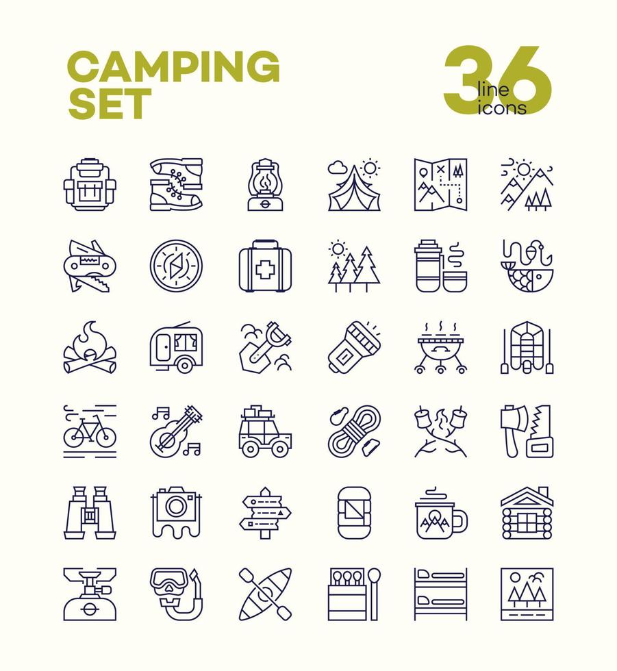 le icone del campeggio e dell'escursionismo impostano lo stile della linea composto da attrezzature da campeggio e da viaggio per l'etichetta di spedizione vettore