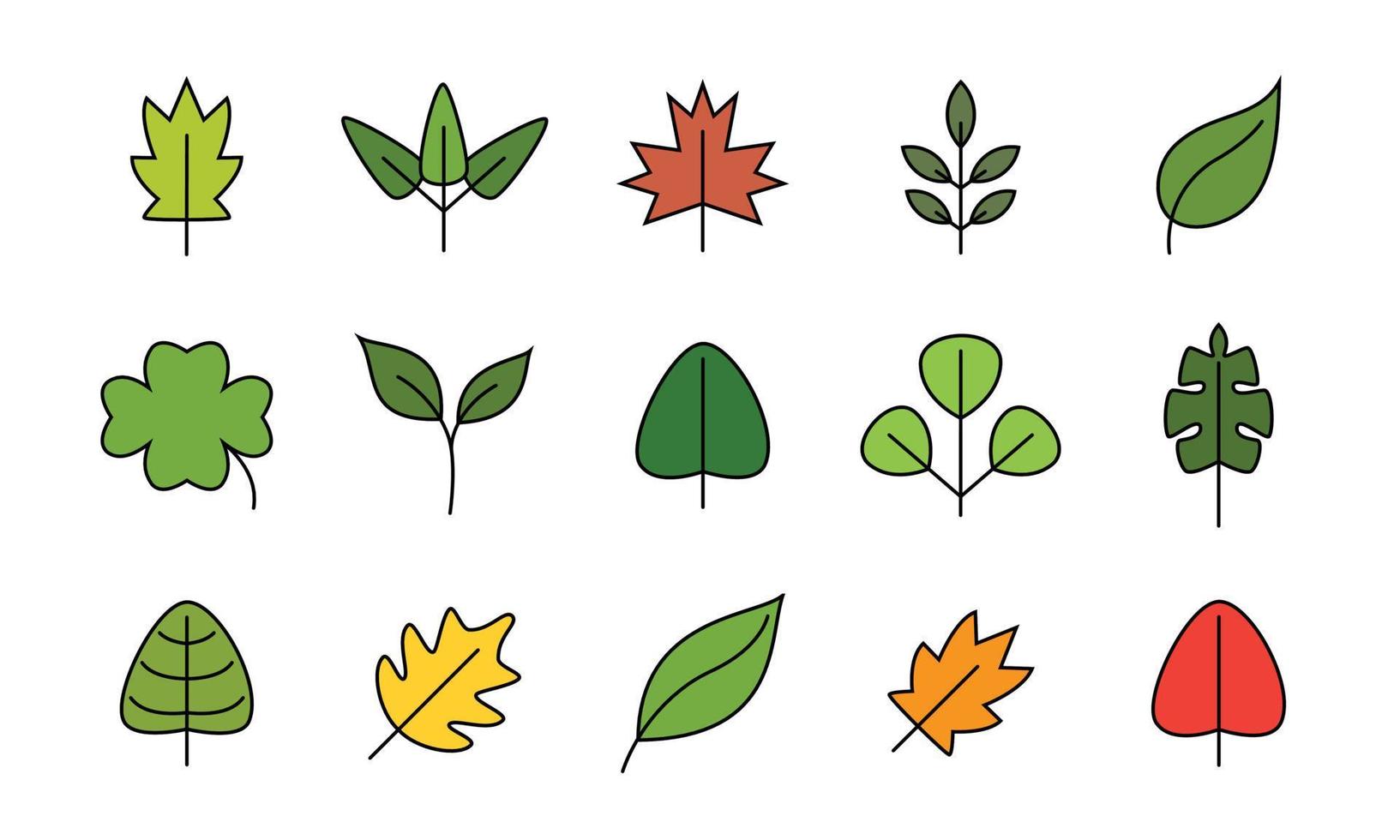 set di foglie nell'illustrazione del fumetto. collezione di foglie di design icona vettore