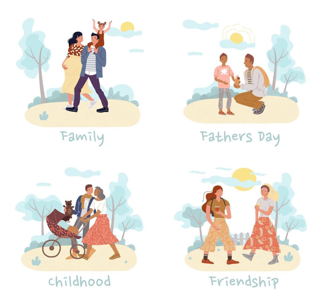 set di relazioni di amicizia per la ricreazione della giornata in famiglia vettore