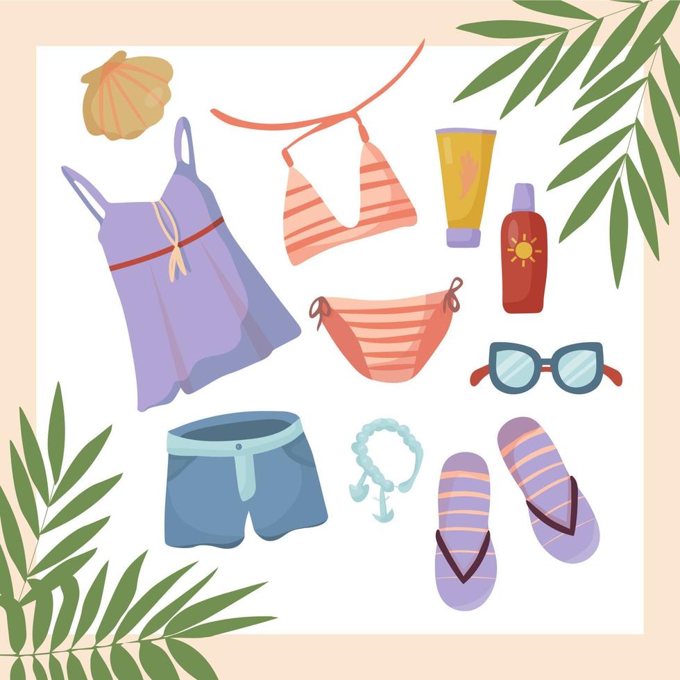 set di abbigliamento estivo. accessori da spiaggia. oggetti vettoriali e cose per le vacanze e i viaggi, progettando abiti e set alla moda. stile casual.