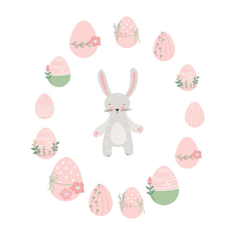 cartone animato carino coniglio bambino carta con uovo di pasqua vettore