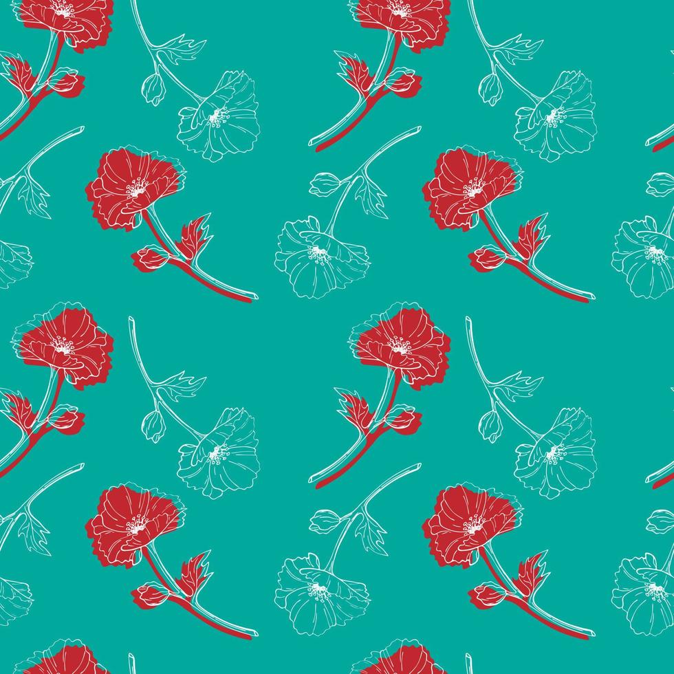 sfondo blu senza cuciture con fiori e foglie rossi e blu. stampa con papaveri. illustrazione vettoriale