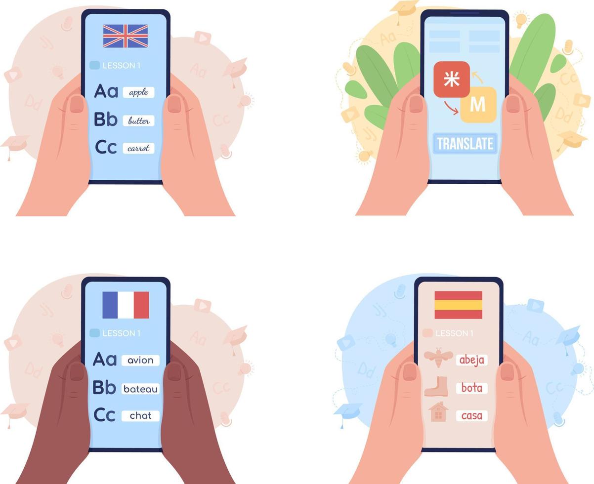 app mobile per l'apprendimento delle lingue insieme di illustrazioni isolate vettoriali 2d