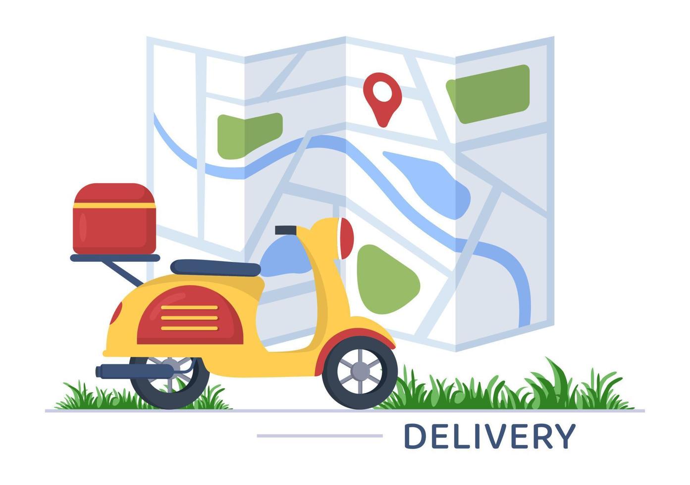 app per il servizio di consegna di cibo su uno smartphone di localizzazione per ordinare pasti pronti e consegnati a casa in scooter in un'illustrazione piatta del fumetto vettore