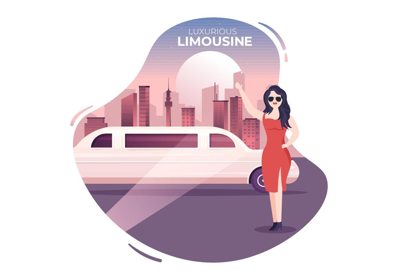 limousine vip del tappeto rosso per la celebrità superstar a piedi con vista sul paesaggio della città notturna nell'illustrazione piatta del fumetto vettore