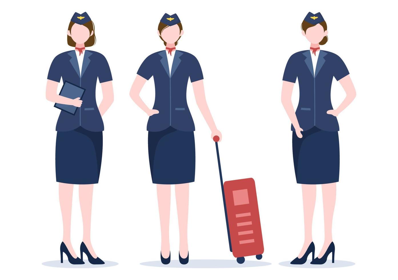 hostess o hostess con uniforme blu e portare una valigia in aeroporto in fumetto illustrazione vettoriale
