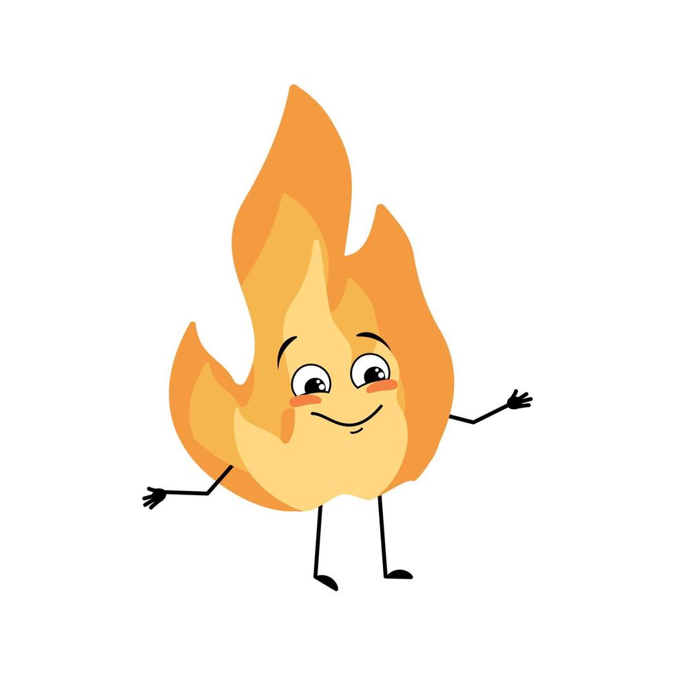 simpatico personaggio di fiamma con emozioni felici, viso gioioso, occhi sorridenti, braccia e gambe. uomo del fuoco con un'espressione divertente, persona arancione calda. illustrazione piatta vettoriale