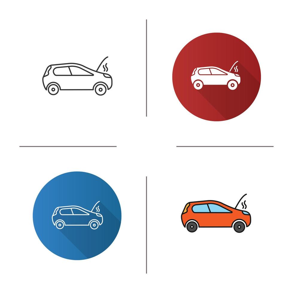 icona dell'auto rotta. design piatto, stili lineari e di colore. automobile con cofano aperto e fumo. illustrazioni vettoriali isolate