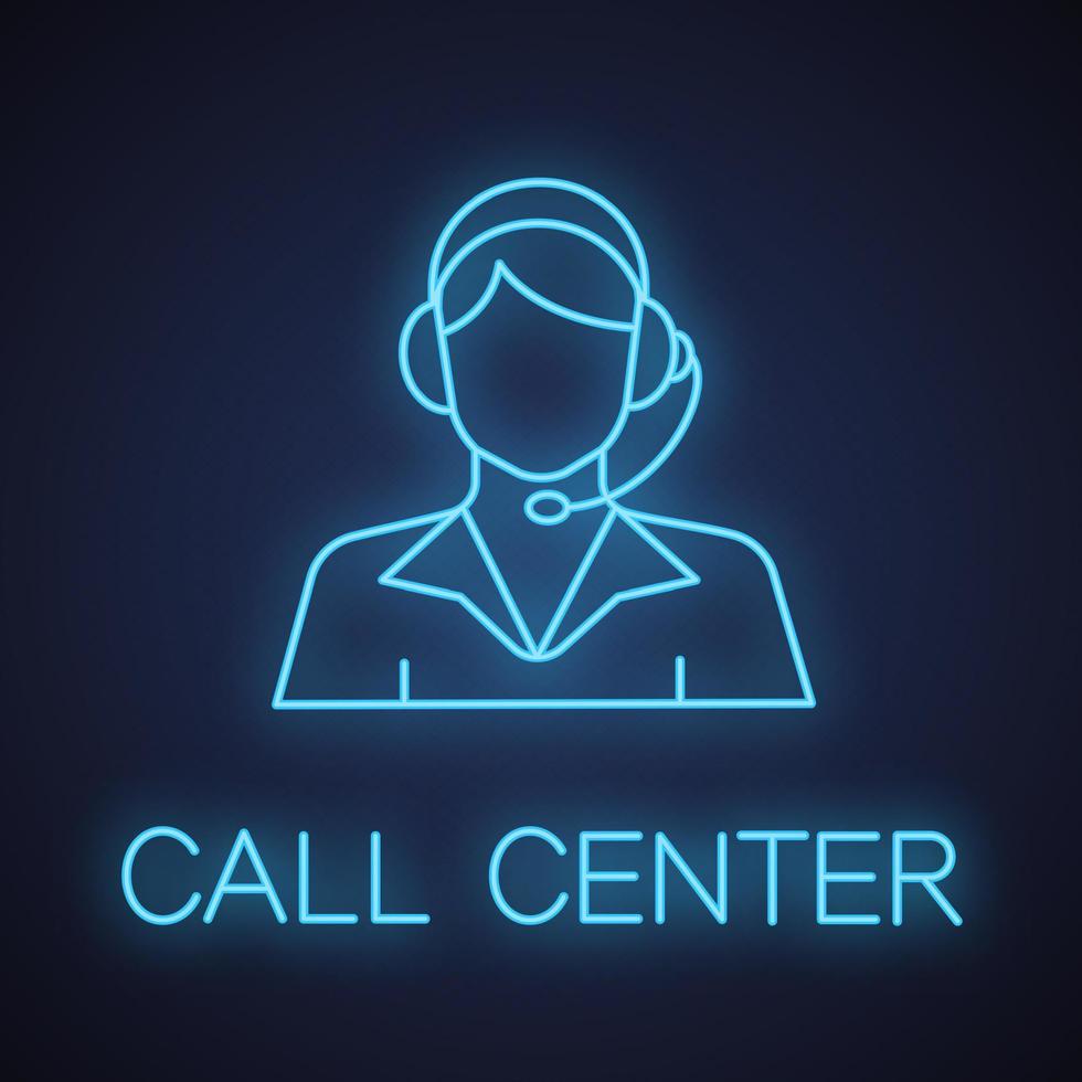 icona della luce al neon dell'operatore del call center. segno luminoso del servizio di supporto. illustrazione vettoriale isolato