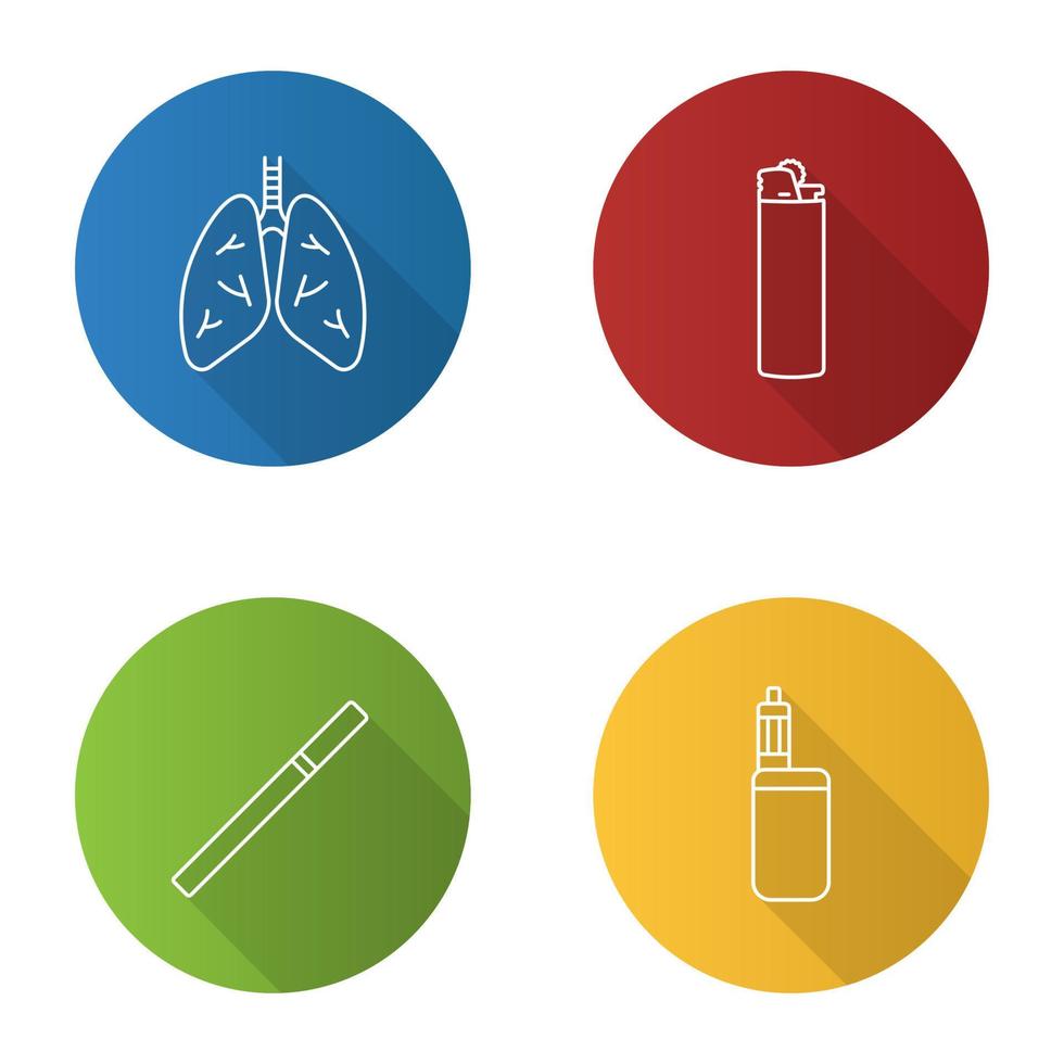 set di icone piatte lineari lunghe ombra fumatori. polmoni umani, accendisigari, sigaretta, vape box mod. illustrazione del contorno vettoriale