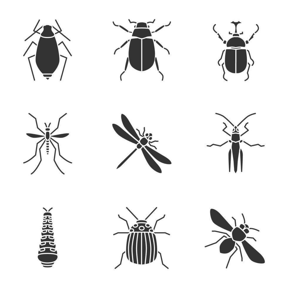 set di icone del glifo di insetti. afide, maggiolino, insetto di Ercole, zanzara, libellula, bruco, scarabeo del Colorado, cavalletta, ape. simboli di sagoma. illustrazione vettoriale isolato