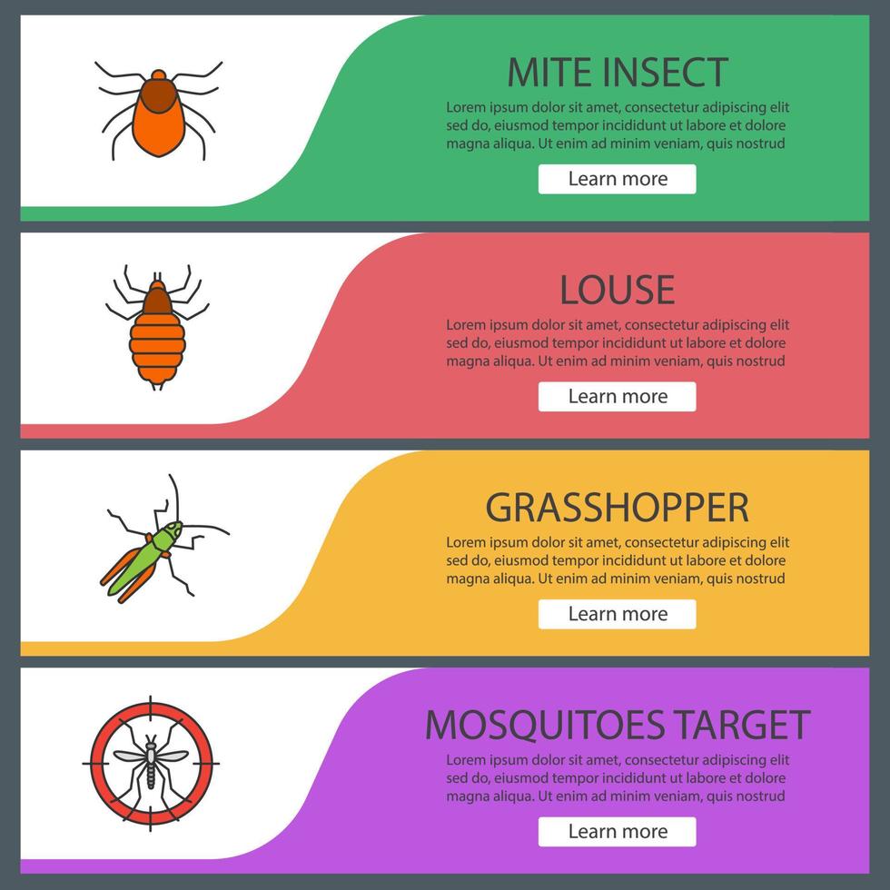 set di modelli di banner web per il controllo dei parassiti. bersaglio di acari, pidocchi, cavallette, zanzare. voci di menu a colori del sito Web con icone lineari. concetti di progettazione di intestazioni vettoriali