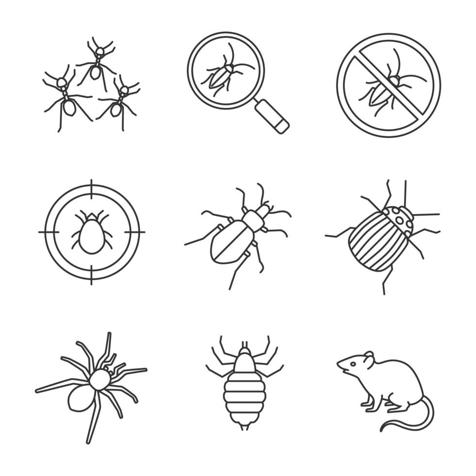 set di icone lineari per il controllo dei parassiti. ricerca di scarafaggi, formiche, stop scarafaggi, bersaglio di acari, scarabeo di terra, insetto del Colorado, ragno, pidocchio, roditore. simboli di contorno di linee sottili. illustrazione di contorno vettoriale isolata