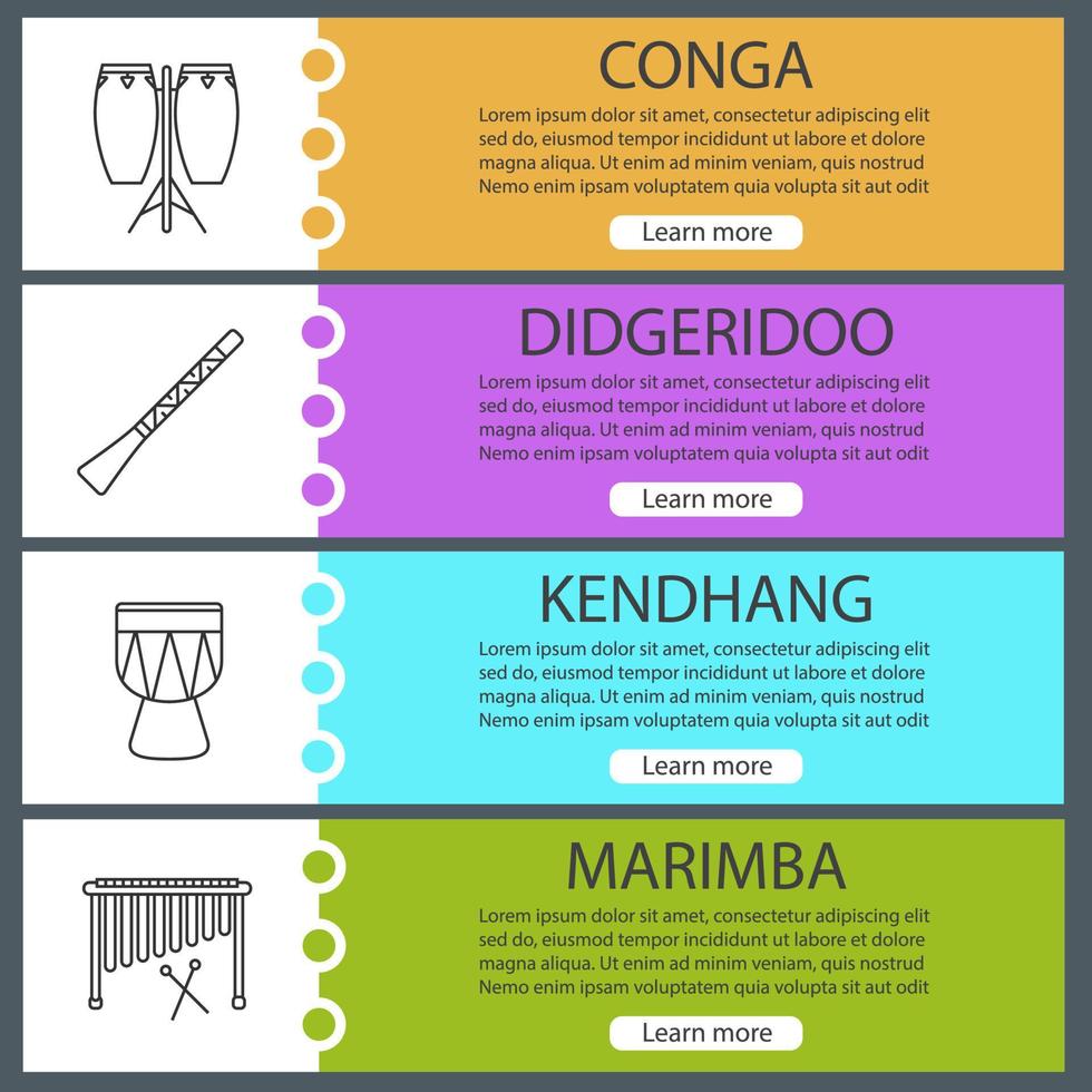 set di modelli di banner web di strumenti musicali. conga, didgeridoo, kendhang, marimba. voci di menu a colori del sito Web con icone lineari. concetti di progettazione di intestazioni vettoriali