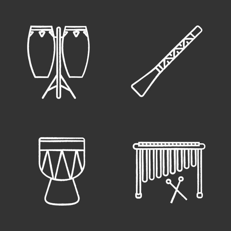 strumenti musicali gesso icone impostate. conga, didgeridoo, marimba, kendang. illustrazioni di lavagna vettoriali isolate