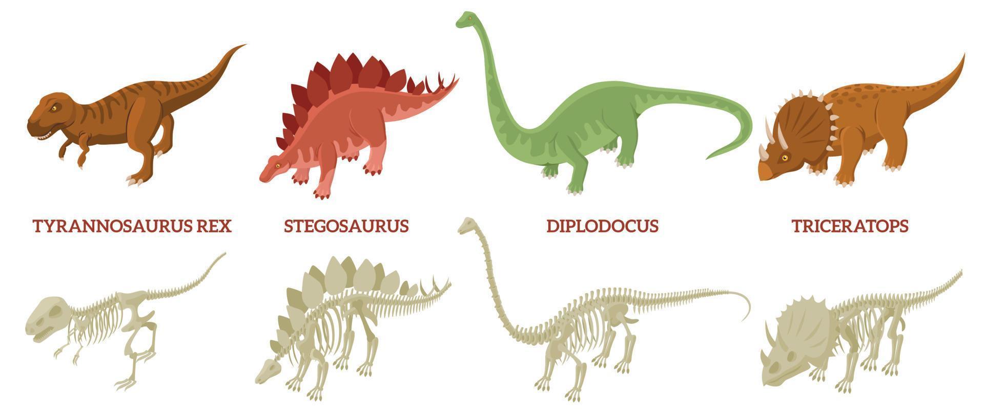 set di composizioni di scheletri di dinosauri vettore