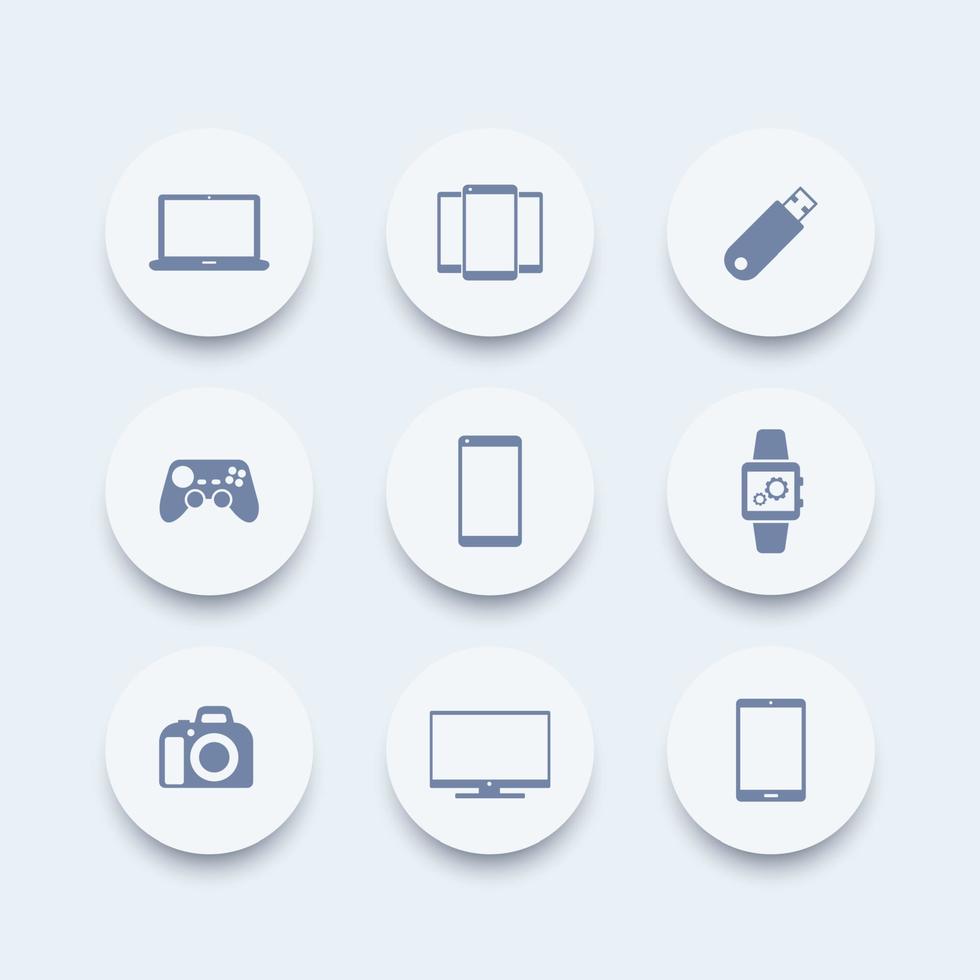 gadget icone rotonde, laptop, tablet, fotocamera, smartphone, icona orologio intelligente, illustrazione vettoriale