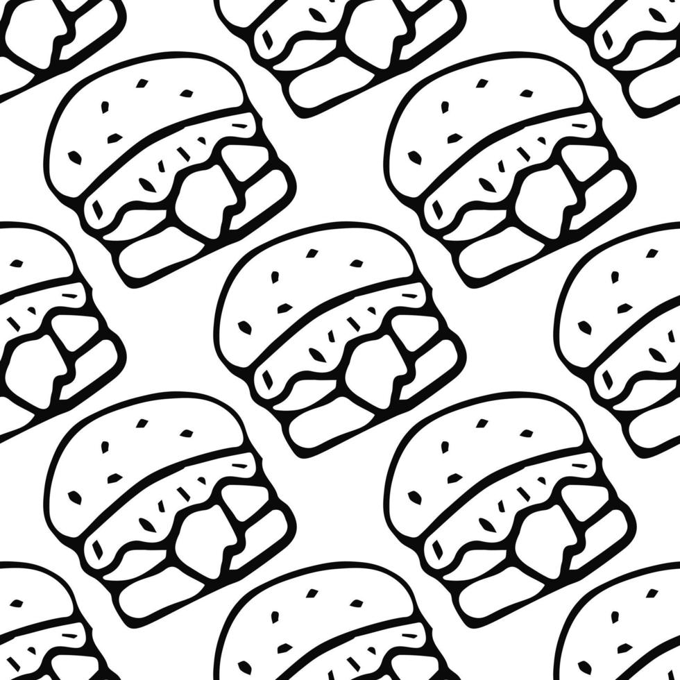 modello senza cuciture con icone di hamburger. sfondo di hamburger in bianco e nero. illustrazione dell'hamburger di vettore di scarabocchio