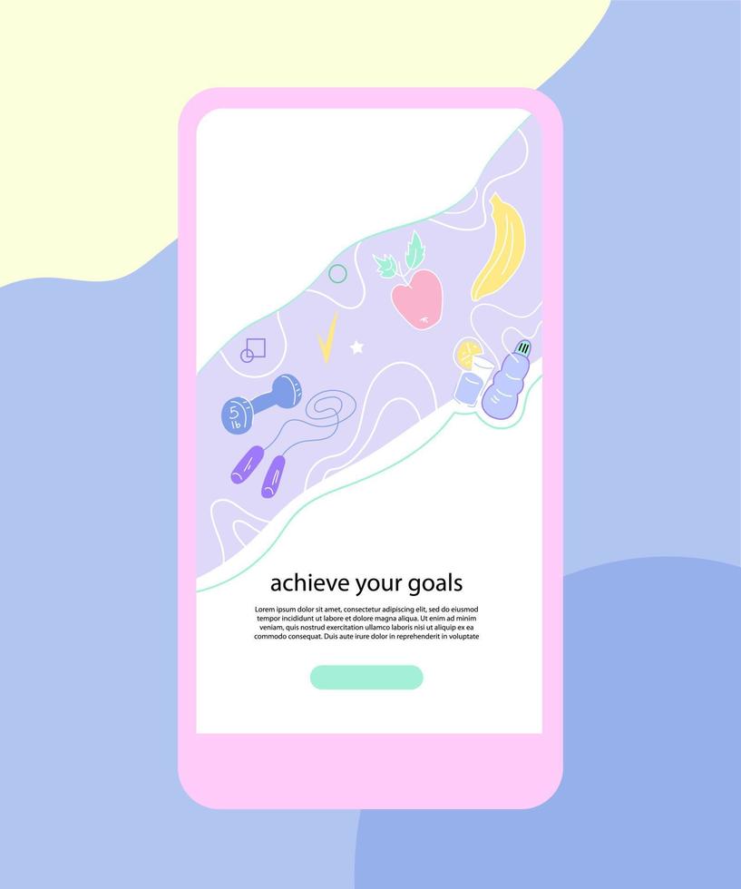interfaccia del contatore di dieta, sport e nutrizione sana sullo schermo del telefono cellulare con icone di cibo e manubri. applicazione per il monitoraggio della salute e del peso, pianificatore di allenamento. illustrazione vettoriale piatta.