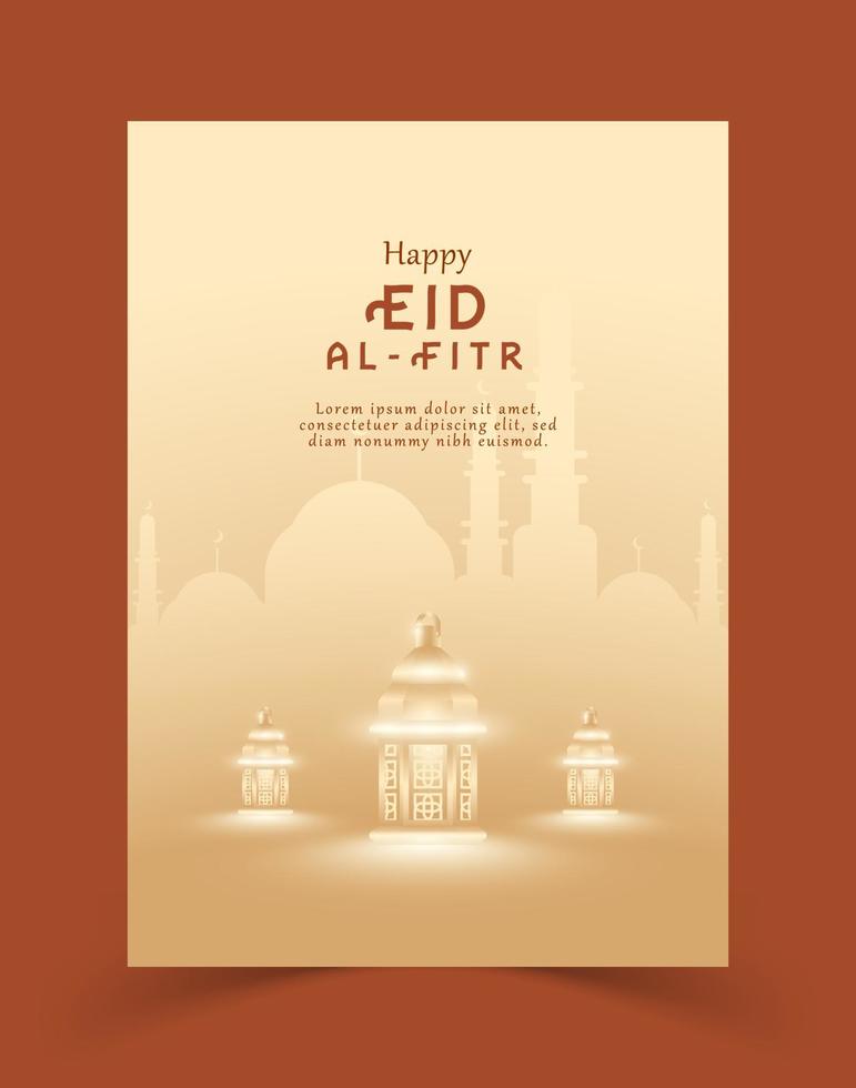 modello di poster o volantino felice eid al fitr con lanterna, colore minimalista, silhouette moschea, tipografia vettore
