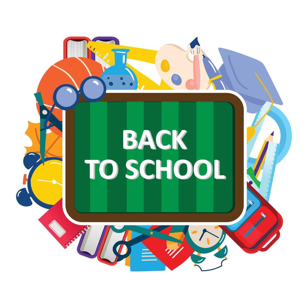 back school day vector logo design di sfondo, bambini, ragazzi che raggiungono la conoscenza, con attrezzature scolastiche