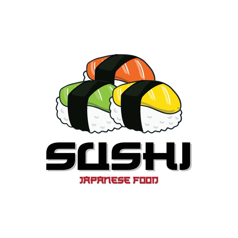 vettore di logo di cibo sushi giapponese, con una varietà di carne di pesce, design di sfondo adatto per adesivi, serigrafia, banner, flayer, aziende