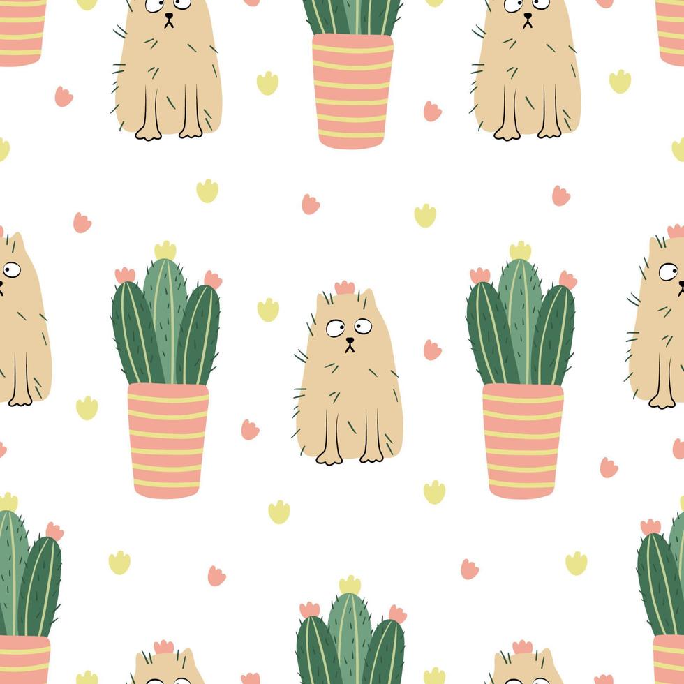 gatti divertenti e cactus fioriti senza cuciture su bianco. illustrazione vettoriale piatta disegnata a mano. piante in vaso e animali domestici. ottimo per tessuti, carte da imballaggio, sfondi, copertine