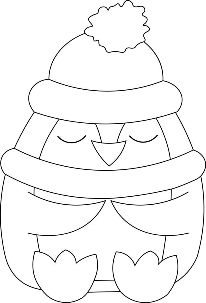 simpatico cartone animato pinguino con cappello e sciarpa in bianco e nero vettore