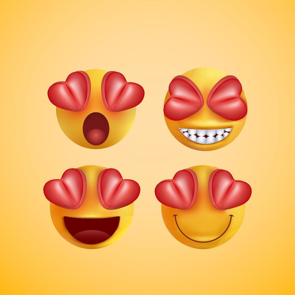 emoji ed emoticon insieme di vettori facciali. emoticon di simpatici volti gialli che si baciano, innamorati, piangono, sorprendono e felici espressioni facciali isolate su sfondo bianco. illustrazione vettoriale.