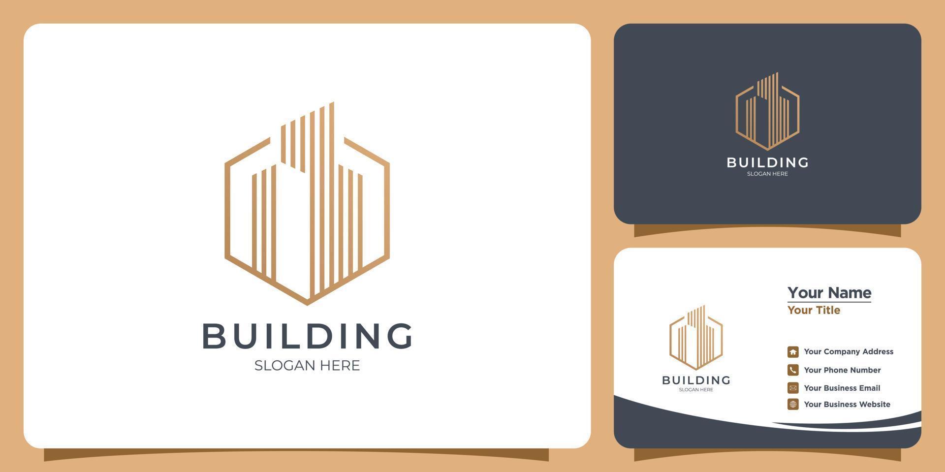 logo dell'edificio minimalista con design del logo in stile line art e modello di biglietto da visita vettore