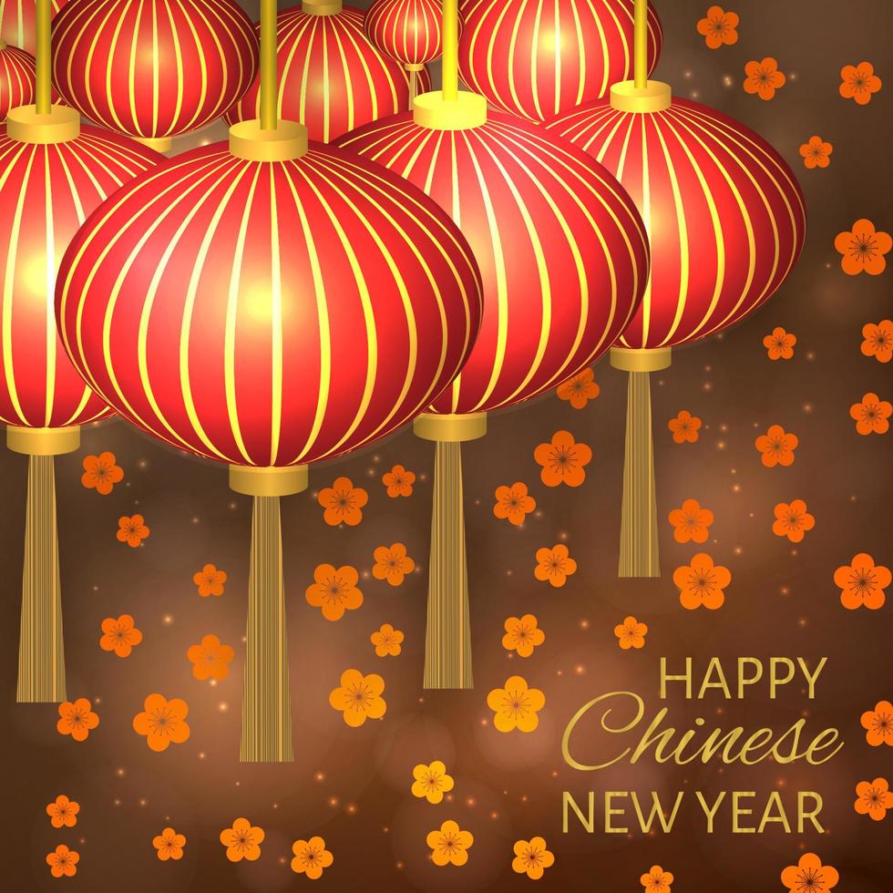 illustrazione vettoriale di capodanno cinese con lanterne e fiori di ciliegio su sfondo bokeh. modello di progettazione facile da modificare per i tuoi progetti. può essere utilizzato come biglietti di auguri, banner, inviti, ecc.