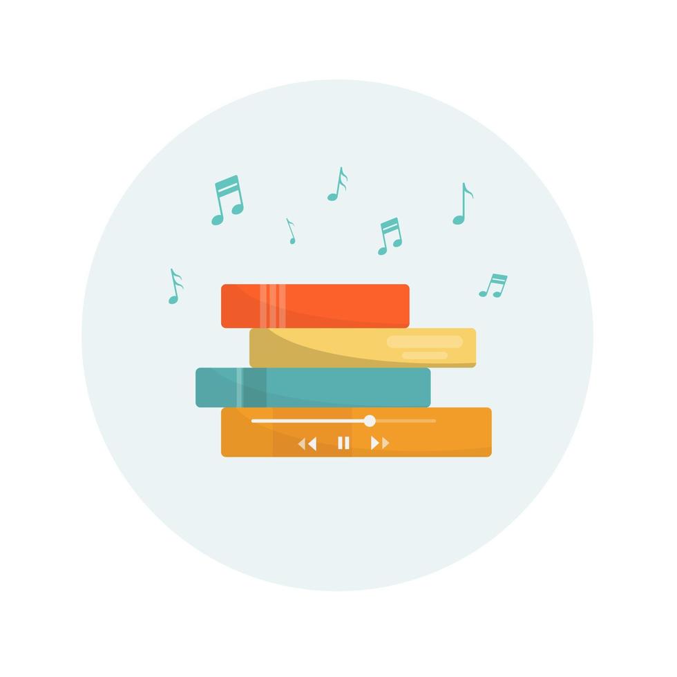 una pila di libri con note musicali. audiolibri. apprendimento attraverso l'audiolibro. vettore