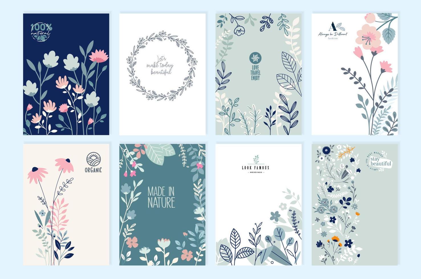 serie di progetti di brochure sul tema della natura, della primavera, della bellezza, della moda, dei prodotti naturali e biologici, dell'ambiente. illustrazione vettoriale o modelli di copertina, relazioni annuali, materiale di marketing.