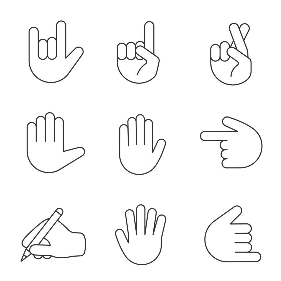 set di icone lineari emoji per gesti della mano. simboli di contorno di linee sottili. ti amo, fortuna, bugia, datti il cinque, contando cinque, gesticolando shaka, scrivendo a mano. illustrazioni di contorno vettoriale isolate. tratto modificabile