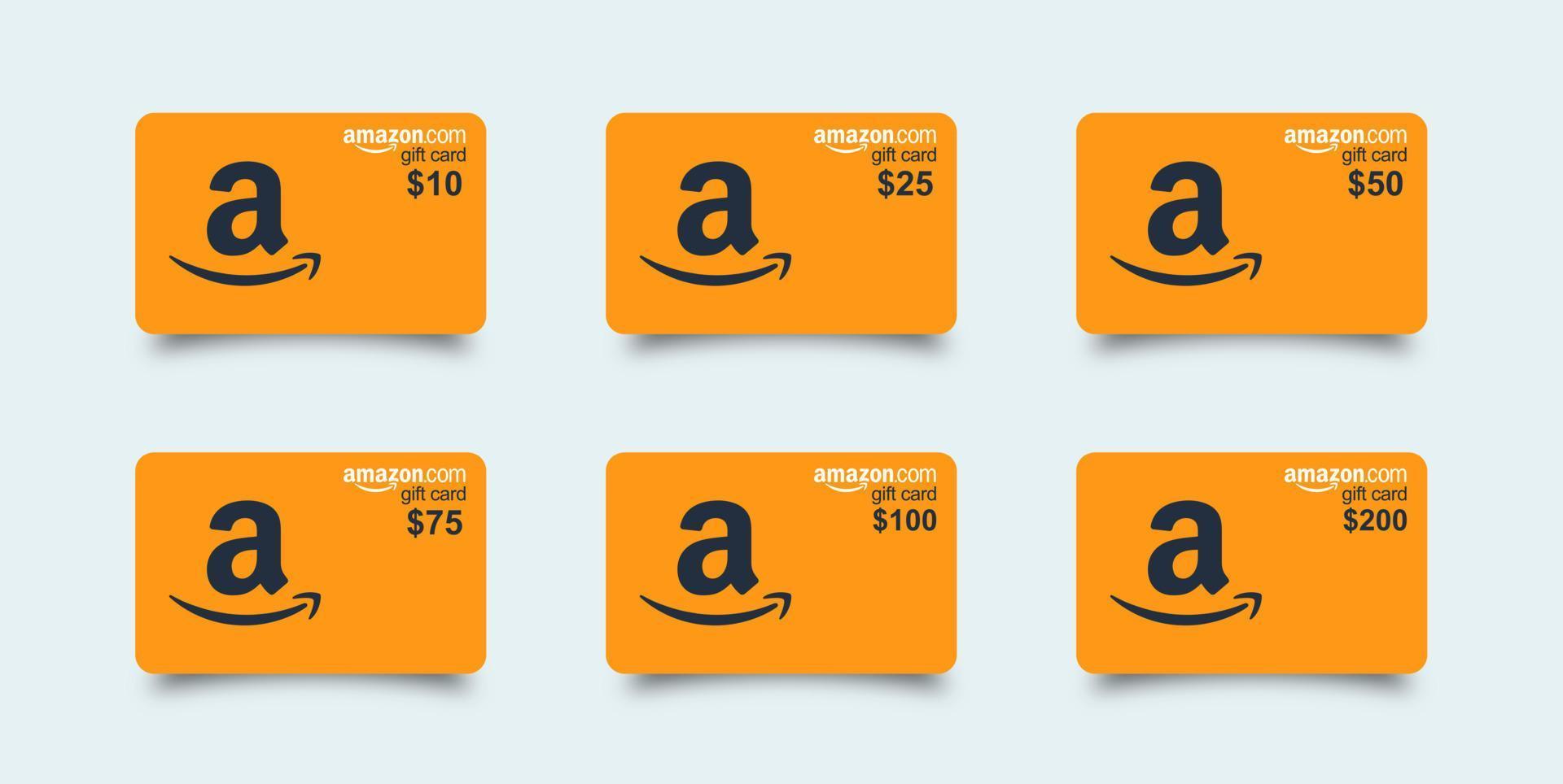 set di carte regalo amazon. carta regalo Amazon realistica arancione con set di ombre 10, 25, 50, 75, 100, 200. carta regalo in plastica isolata su sfondo bianco. vettore