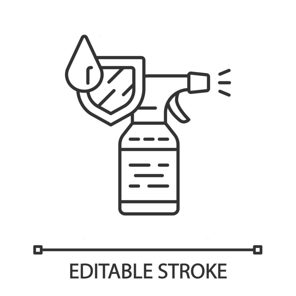 icona lineare della bottiglia spray impermeabile. aerosol resistente all'acqua. vestiti, scarpe di protezione. spray repellente dwr. illustrazione al tratto sottile. simbolo di contorno. disegno di contorno isolato vettoriale. tratto modificabile vettore