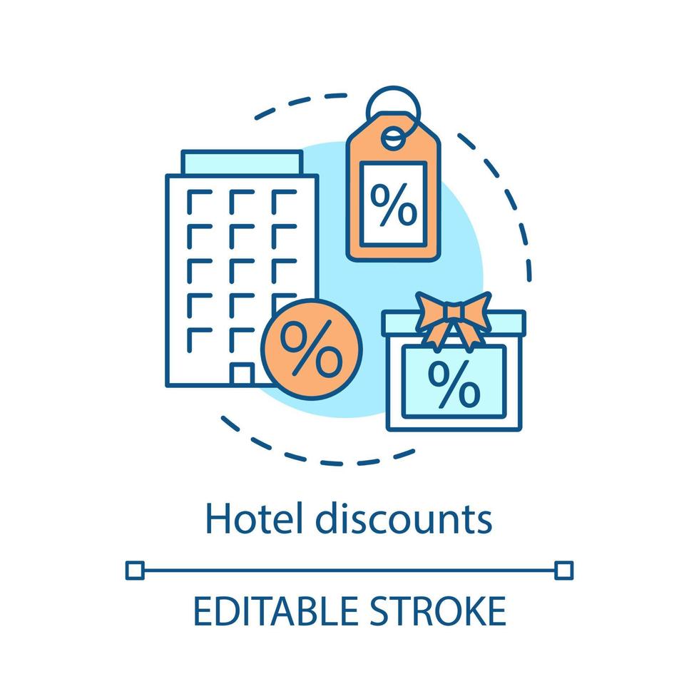 icona del concetto di sconti dell'hotel. ostello, dormitorio. affare dell'hotel last minute. offerta speciale. prezzo basso, illustrazione al tratto sottile dell'idea della stanza a buon mercato. disegno di contorno isolato vettoriale. tratto modificabile vettore