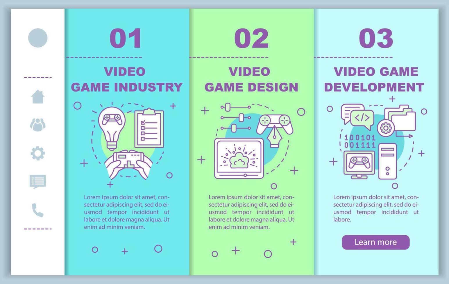 modello vettoriale di pagine Web mobili per l'onboarding dell'industria dei videogiochi. idea di interfaccia del sito Web per smartphone reattiva con illustrazioni lineari. schermate dei passaggi della procedura guidata della pagina Web. concetto di colore