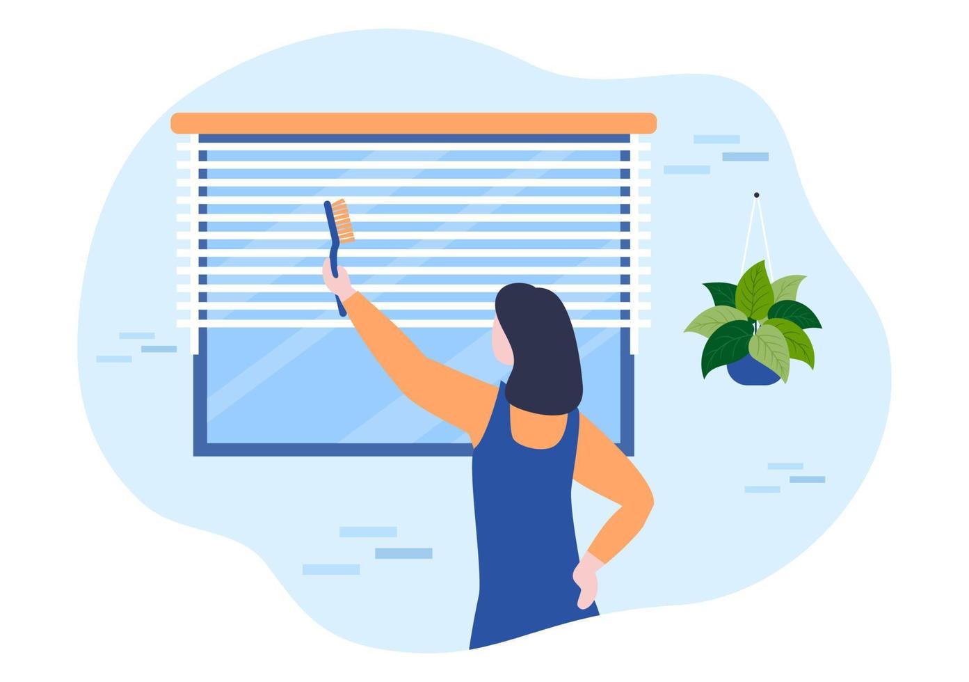 trattamento delle tende e delle finestre di servizio dei mini ciechi usando vari strumenti di pulizia o interni domestici nell'illustrazione piana del fumetto vettore