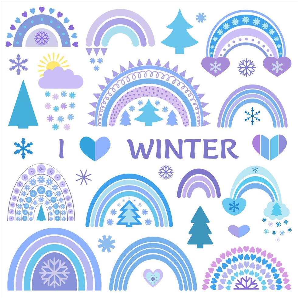 collezione arcobaleno invernale in stile piatto. illustrazione carina in blu sul tema del natale, capodanno, inverno accogliente. arcobaleni, fiocchi di neve, alberi, cuori vettore